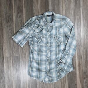 Topshop Womens Blue Plaid Western Snap Button Down Shirt Size US 4 Pearl Snaps